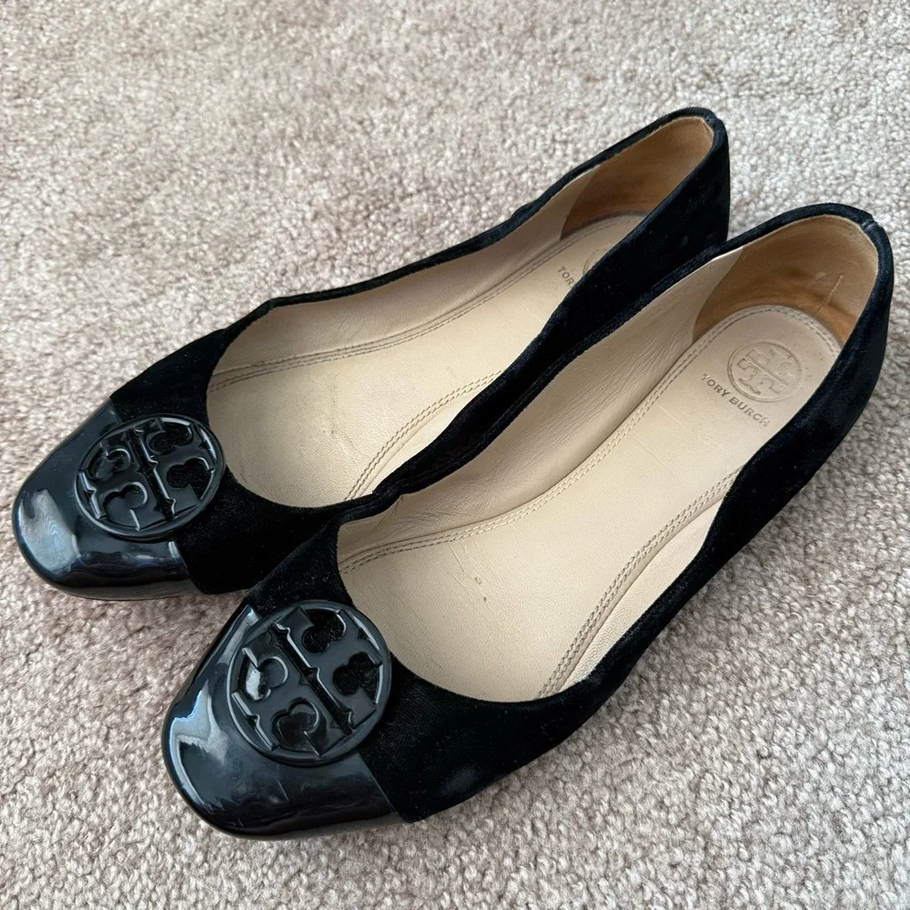 Tory Burch Black Velvet Patent Leather Ballet Flats
